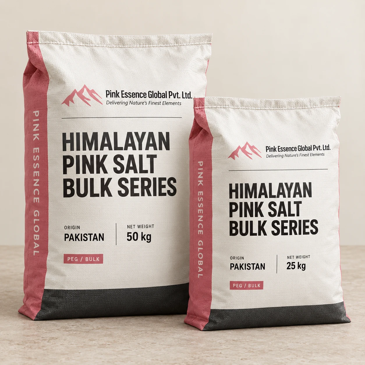 Pink Essence Global 50 kg and 25 kg bulk salt packaging mockups